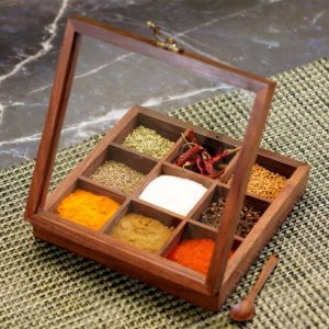 Hand Crafted Wooden 9 Container Spice Box
