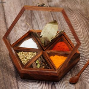 Hand Crafted Star Shape Wooden 6 Container Spice Box
