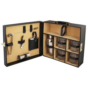 Black Leather Briefcase Bar set with 4 Glass