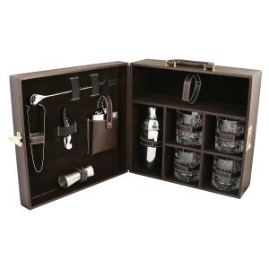 Brown Leather Briefcase Bar set 4 Glass